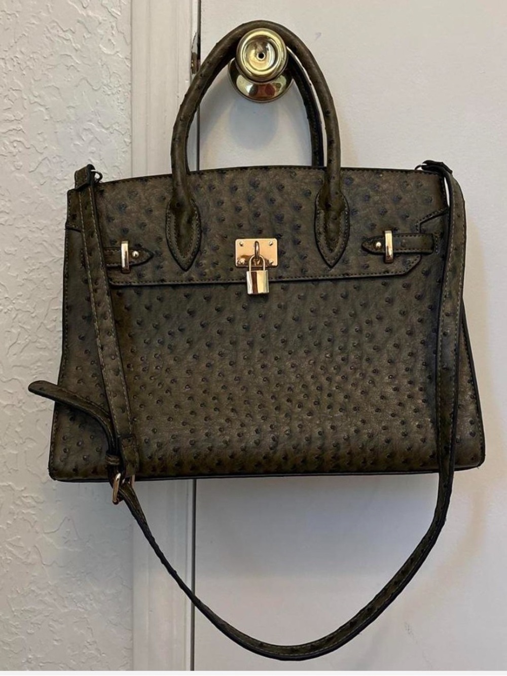 Textured Olive Green Satchel with Gold-Tone Lock